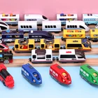 Детская игрушка электрический поезд, Литая железная дорога с магнитными отверстиями и двумя тележками, деревянная игрушка, подходит для Рождества, деревянная железная дорога
