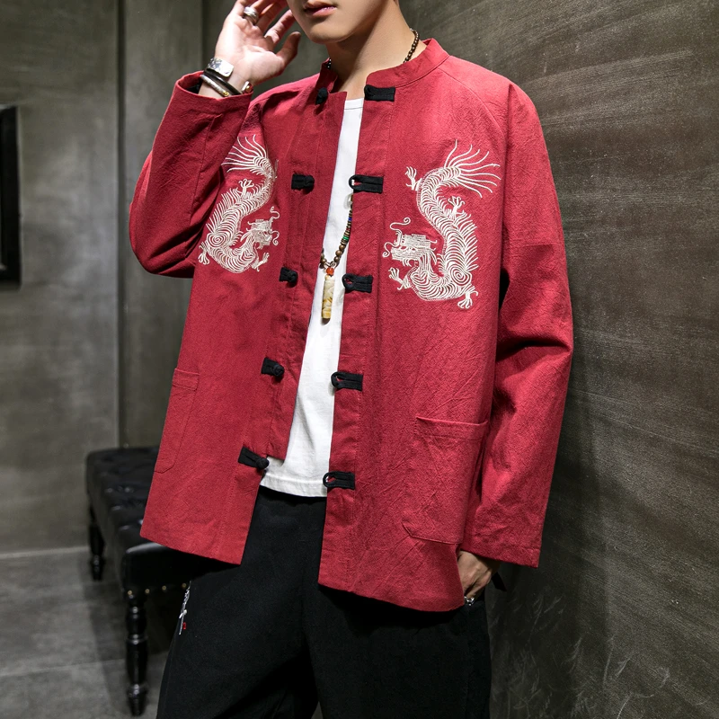 Chinese Style Embroidered Jacket 2021 Cotton Linen Tang Suit Wudang Disc Button Tunic Plus Size Tops Men Cloting |