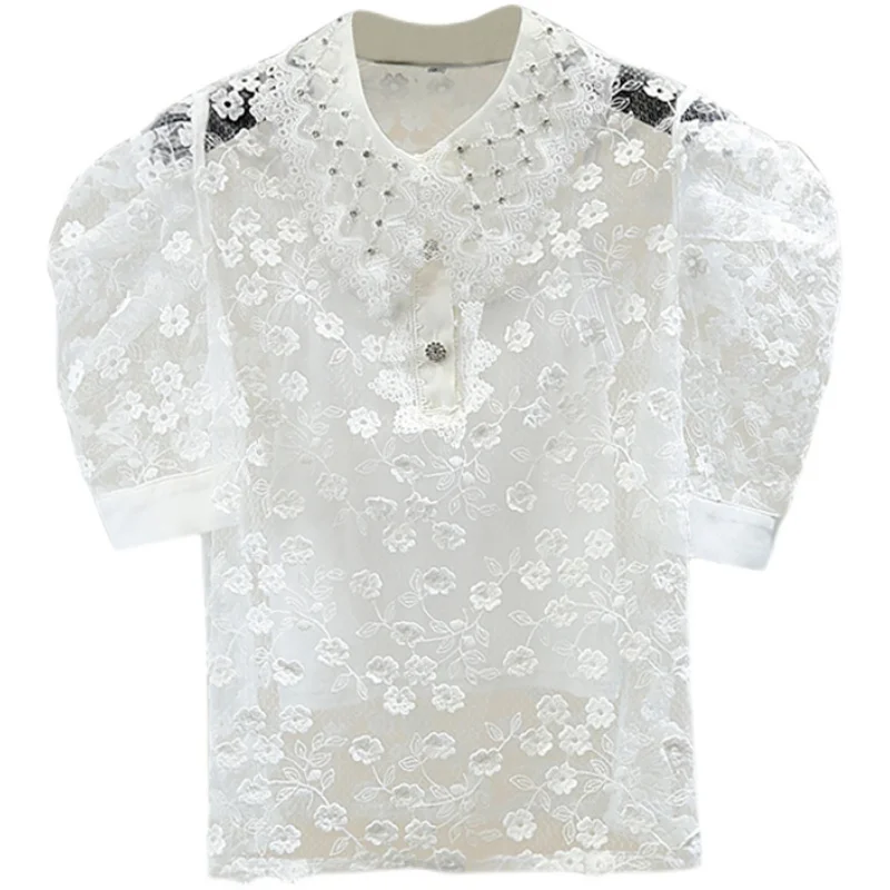 

Heavy Industry Beads Lace Shirts Crocheted Hollow Out Perspective Shirt Women Inner Suspender Vest Summer Blouse Two-Piece Set