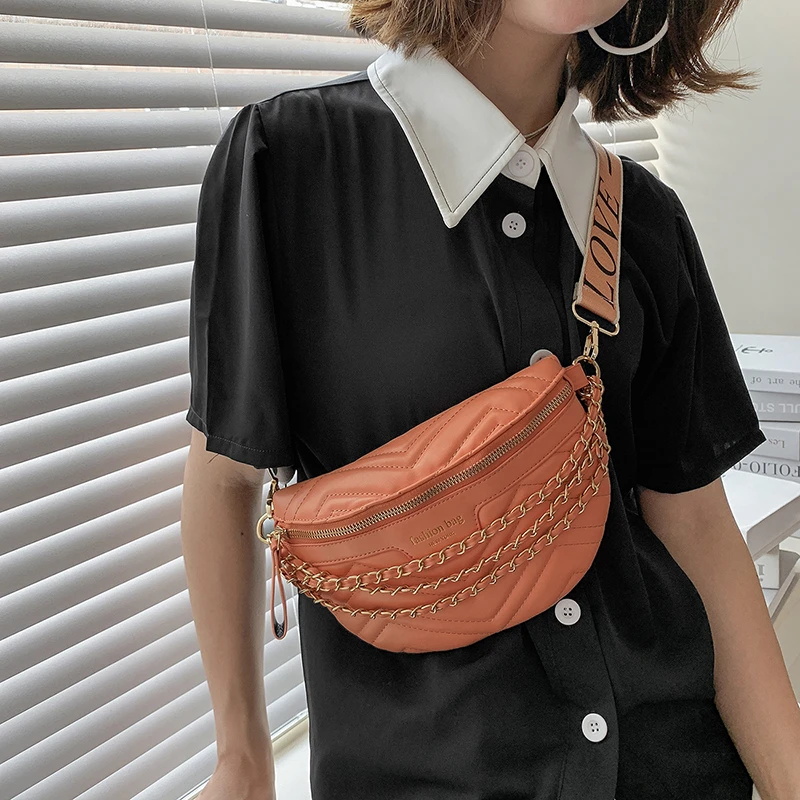 

Женская нагрудная сумка с металлической цепочкой, однотонные сумки на плечо для женщин, Повседневная Дамская сумочка через плечо из искусс...