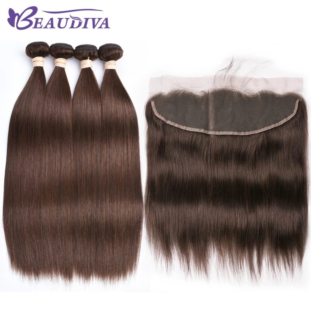 Beaudiva ухо до уха Кружева Фронтальная Закрытие 13X4 часть с 3 шт.#4 цвет бразильские прямые волосы remy пряди