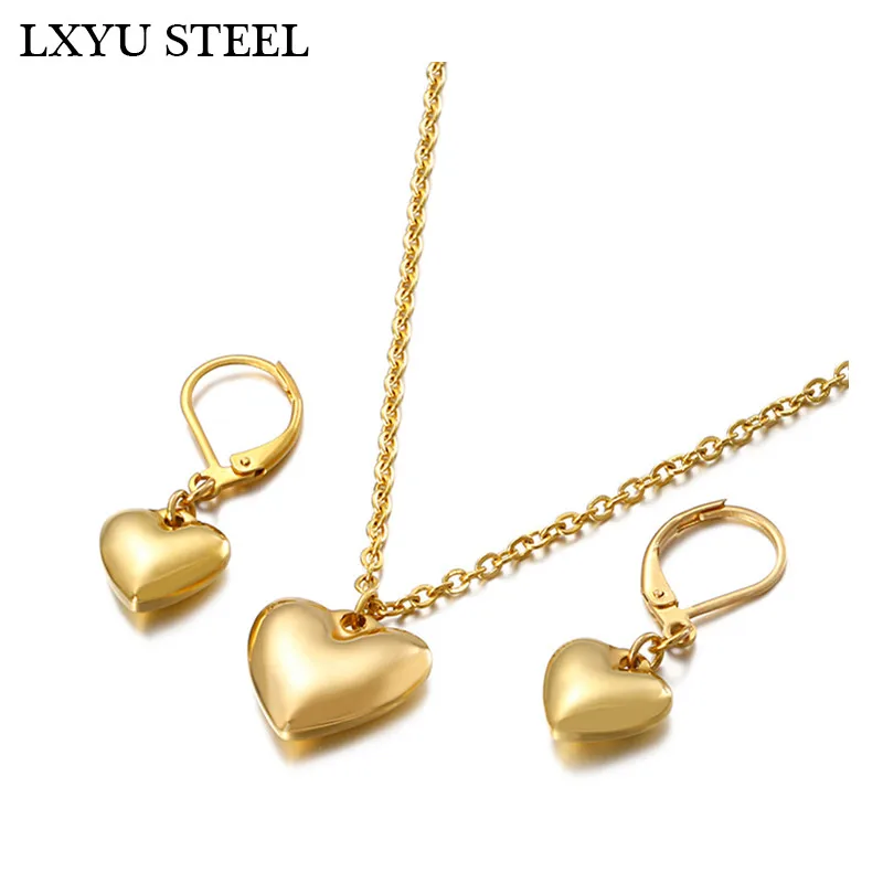 Cute Heart Stainless Steel Bridal Jewelry Sets Necklace Drop Earrings Accessories Set For Women Wedding Gift