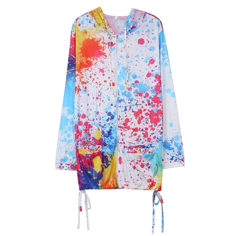 

Women Print Jackets Spring Autumn Colourful Tie Dyeing Hooded Coat Sweatshirt Pocket Zipper Loose Plus size 5XL Female Outwear