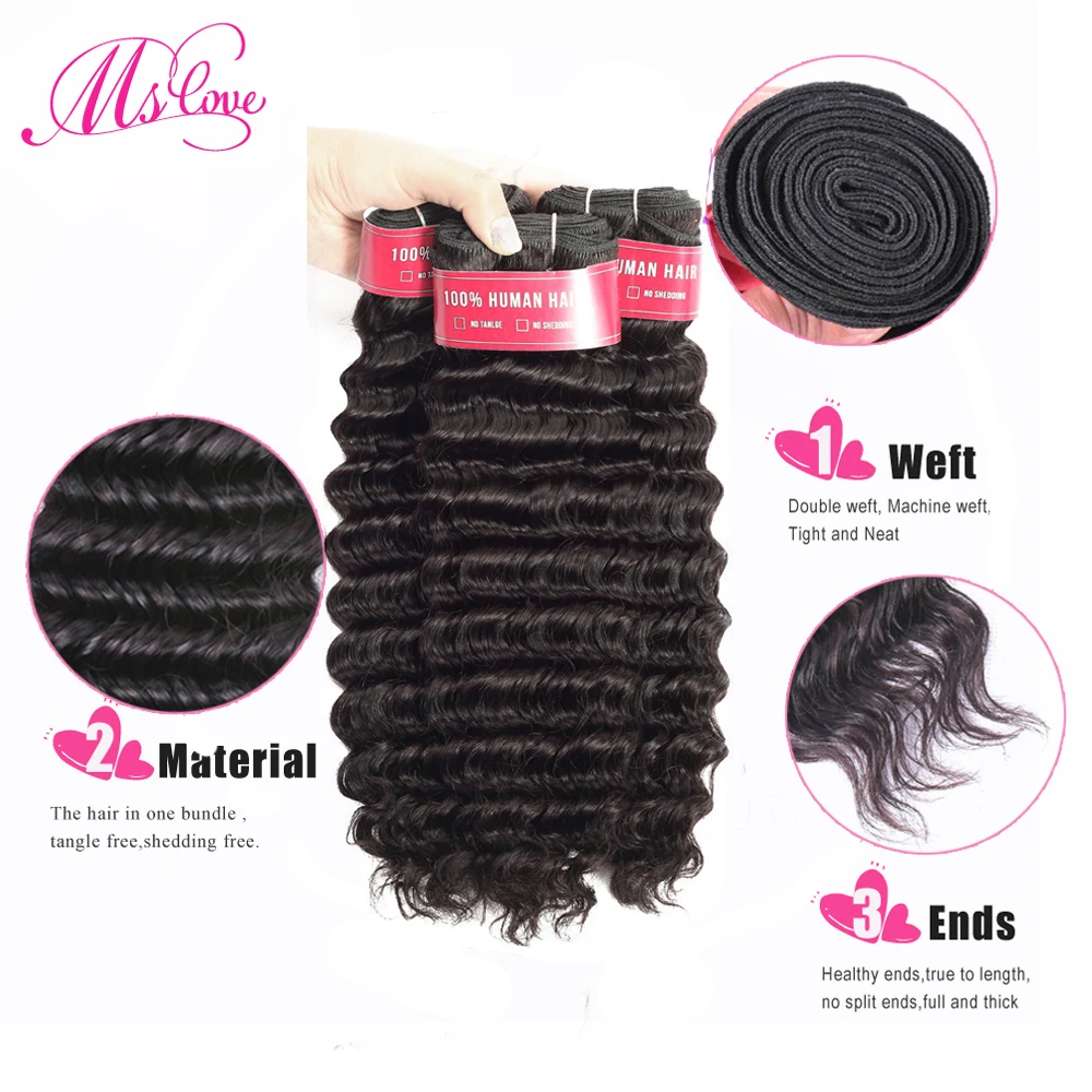 Deep Wave Bundles With Closure Brazilian Human Hair Weave 3 4 Remy 30 Inch Natural Color Ms Love | Шиньоны и парики