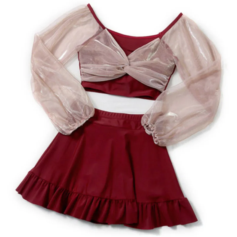 

2021 new swimsuit fairy fan cover belly show thin split skirt style conservative swimsuit hot spring