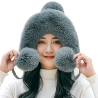 new woman autumn winter mink knit bomber hat thick female fluffy pompom outdoor warm windproof earflap trapper snow ski caps