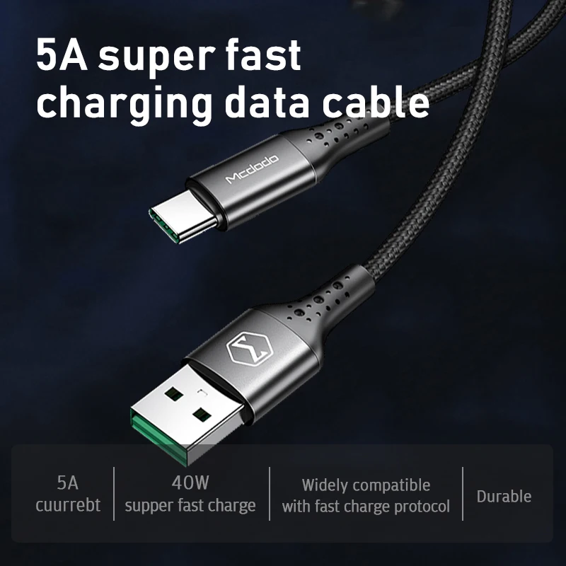 Кабель Mcdodo USB C 5A Сверхбыстрая зарядка 40 Вт для Huawei OPPO VOOC флэш-зарядное устройство