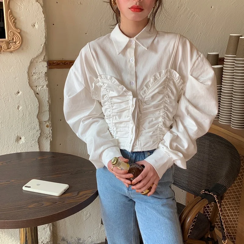 

RUGOD 2021 early style western design small sling fold fake two-piece pleated puff sleeve loose slim shirt