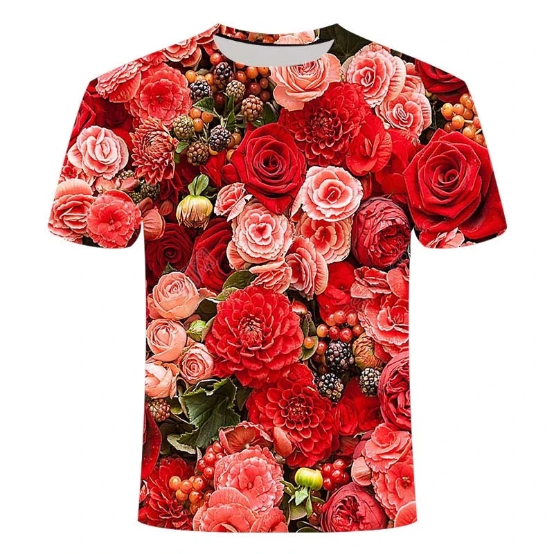 

Summer hot sale Chinese peony rose flower 3d pattern printing t-shirt fashion summer short-sleeved men's and women's casual comf