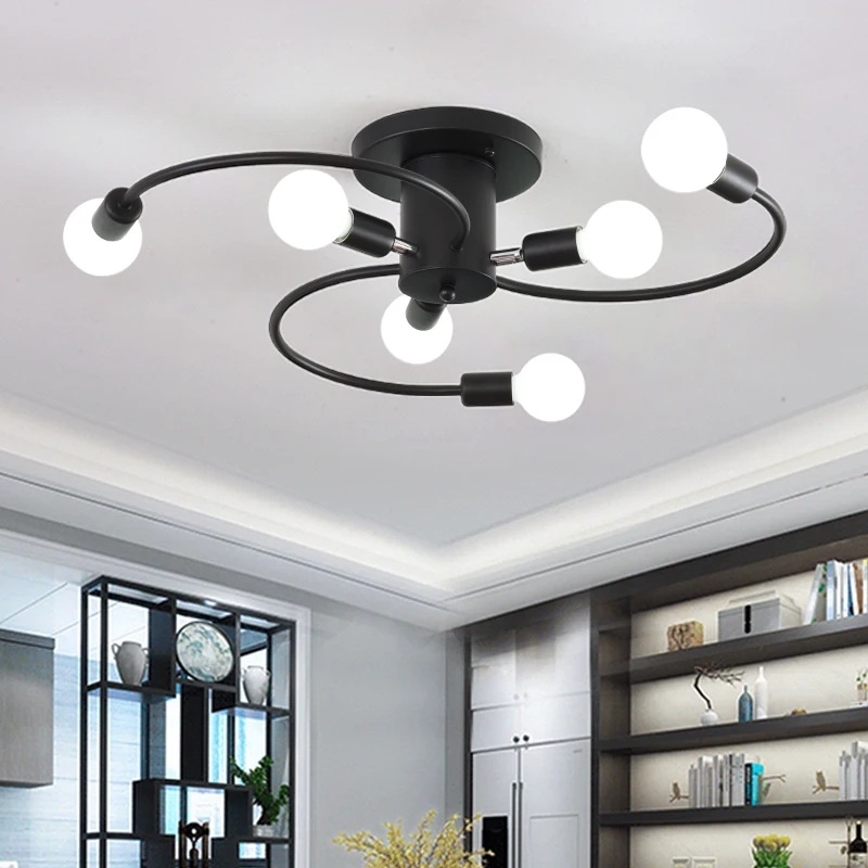 Lámpara de araña de techo semiintegrada, iluminación negra, 6 luces de cabeza, decoración moderna para el hogar