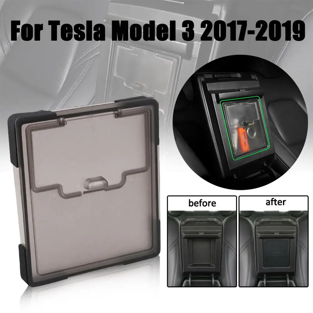 

Hidden Transparent Storage Box Armrest Box Organizer Cover for Tesla Model 3 2017- 2019