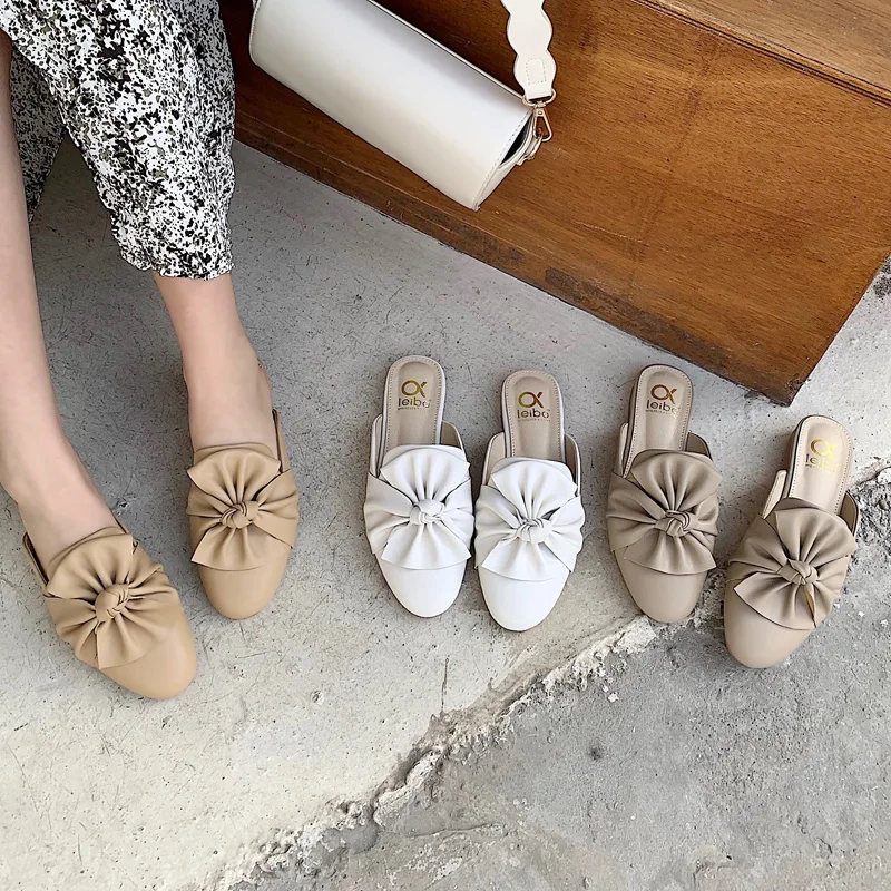 Мюли женские с бантом бабочкой кожаные плиссированные тапочки на низком каблуке