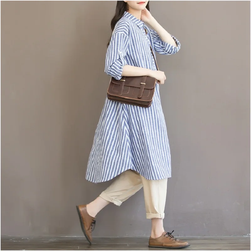 

2021 Mori Girl Spring Autumn Women Stripe Dress Turn Down Collar Long-Sleeved Casual Tunic Vestidos Plus Size Cotton Dress
