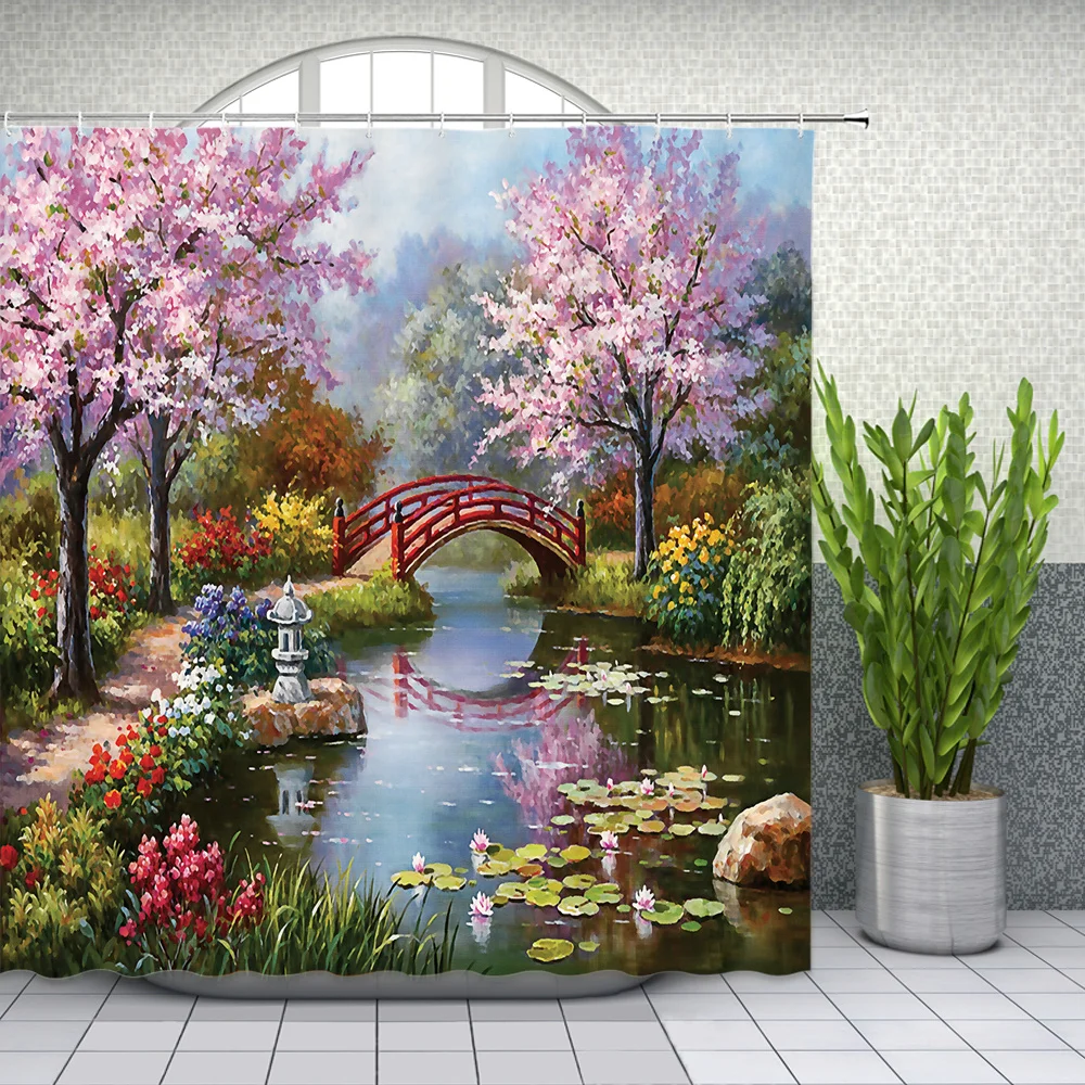 retro oil painting courtyard landscape shower curtains garden house bathroom decor waterproof polyester fabric curtain set free global shipping