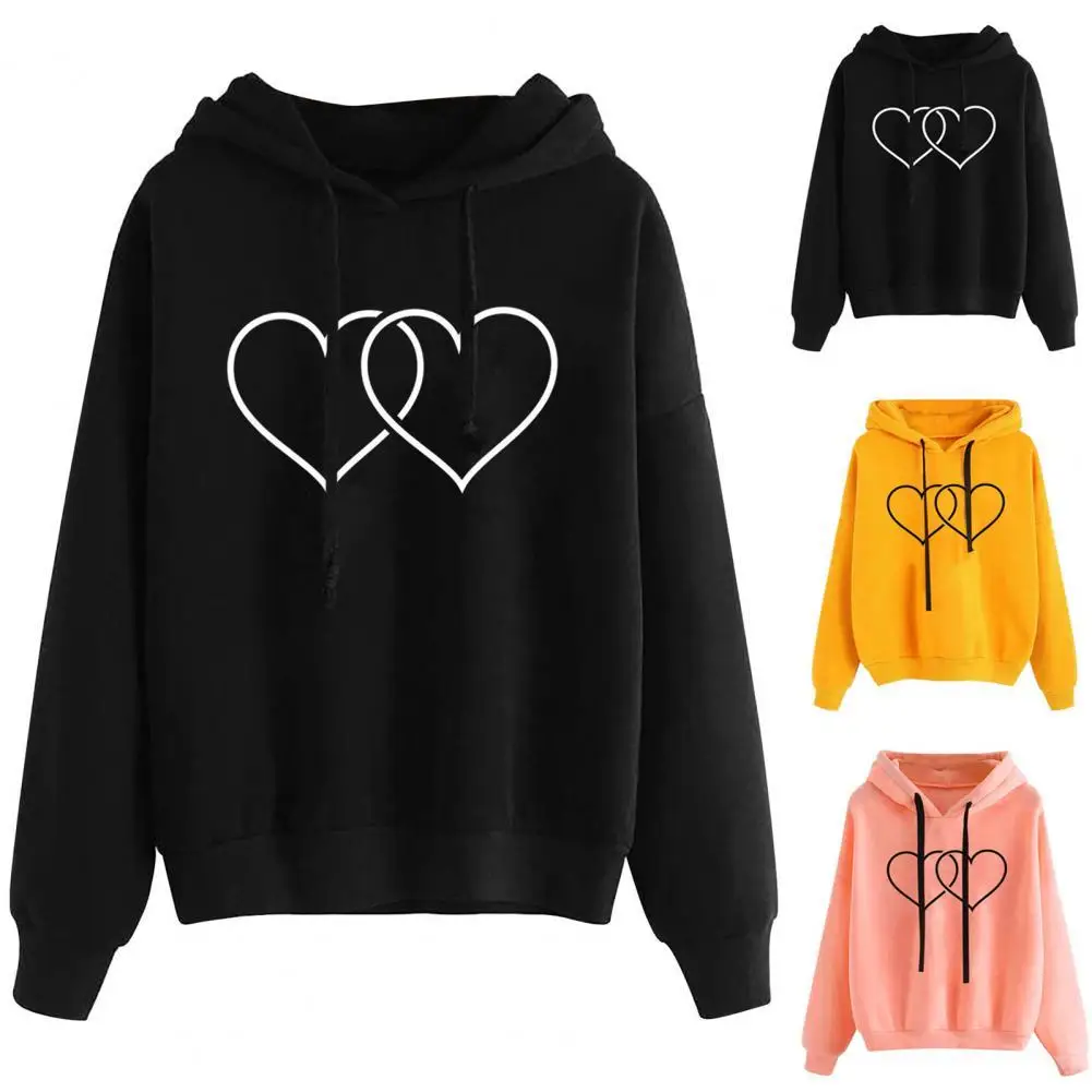 

Loose Fit Long Sleeve Pullover Hoodie Autumn Winter Double Heart Printed Hooded Women Sweatshirt Streetwear