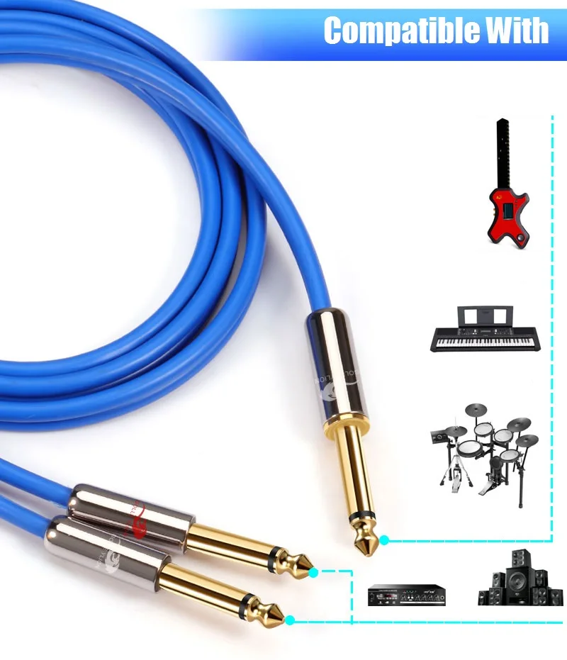 14 inch ts mono 6 35mm jack to dual 14 male audio cable for mixer guitar synthesizer amplifier splitter y shielded cords free global shipping