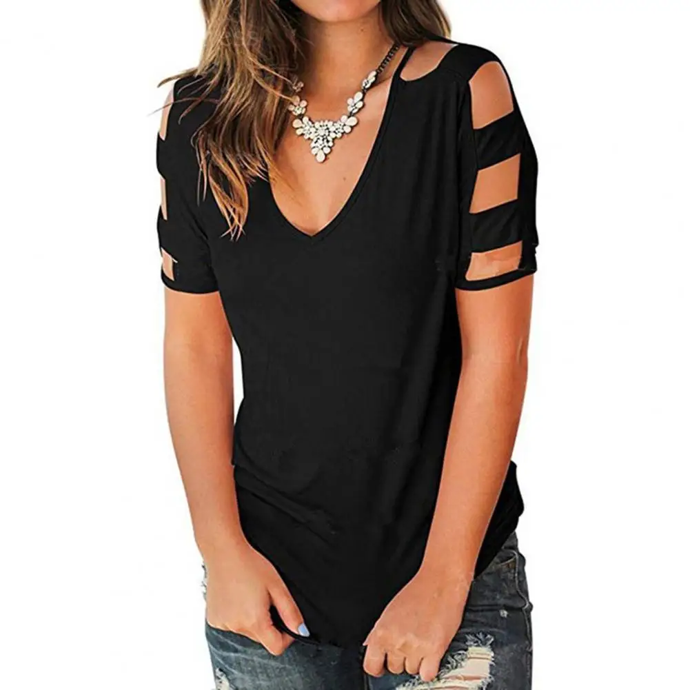 

Women Solid Color Short Sleeve Top V Neck Hollow Loose Pullover T-shirt Breathable All Match Skin-friendly Streetwear for Travel