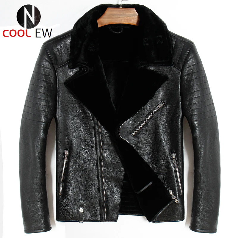 

Free shipping.Mens plus size genuine leather jacket.motor biker sheep fur coat,winter warm 100% sheepskin clothes.soft shearling