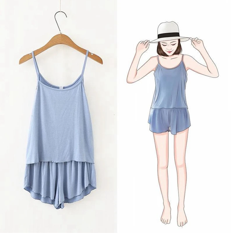 

Summer Pajamas Set Women Solid Colors Sleeveless Satin Silk Sexy Backless Suspender Cami Tops and Shorts Babydoll Sleepwear