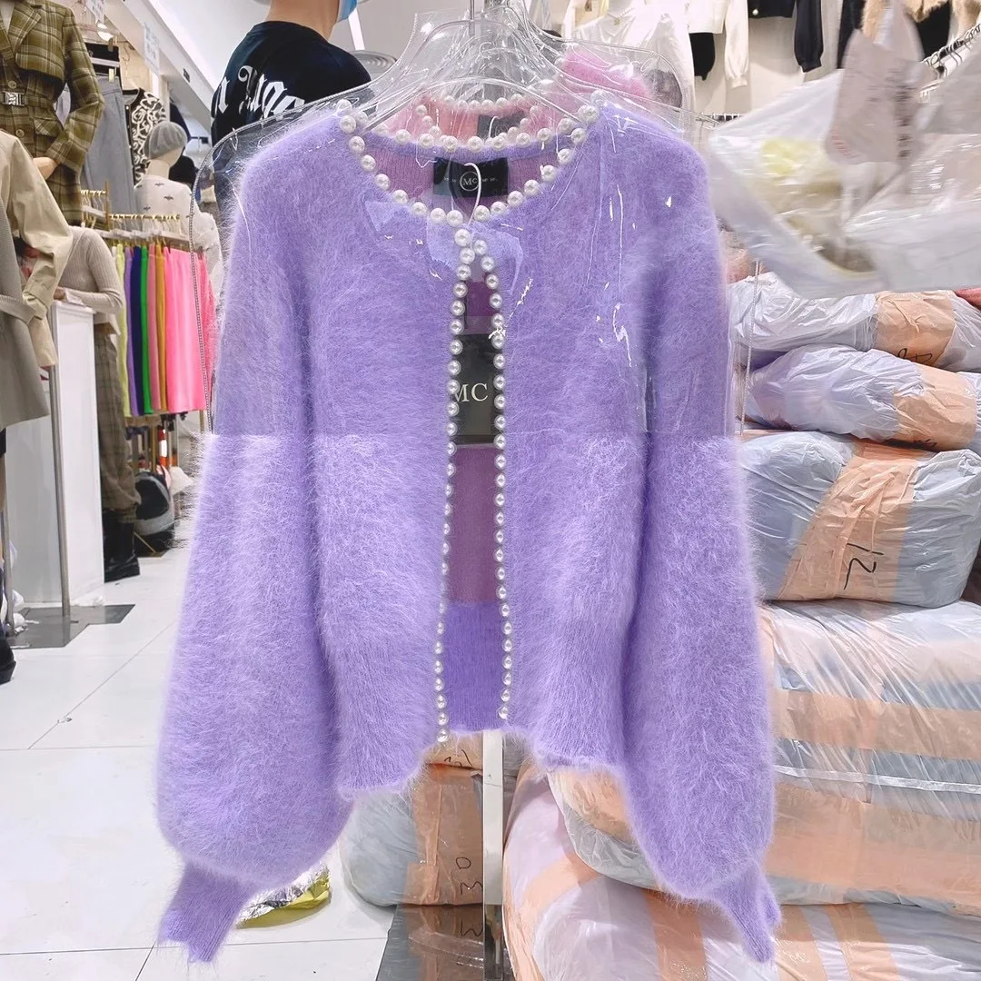 

Winter New Multicolor Fleece,pearl Warm Mink Velvet Round Neck Puff Sleeve Frayed Edge Jacket Sweater Cardigan