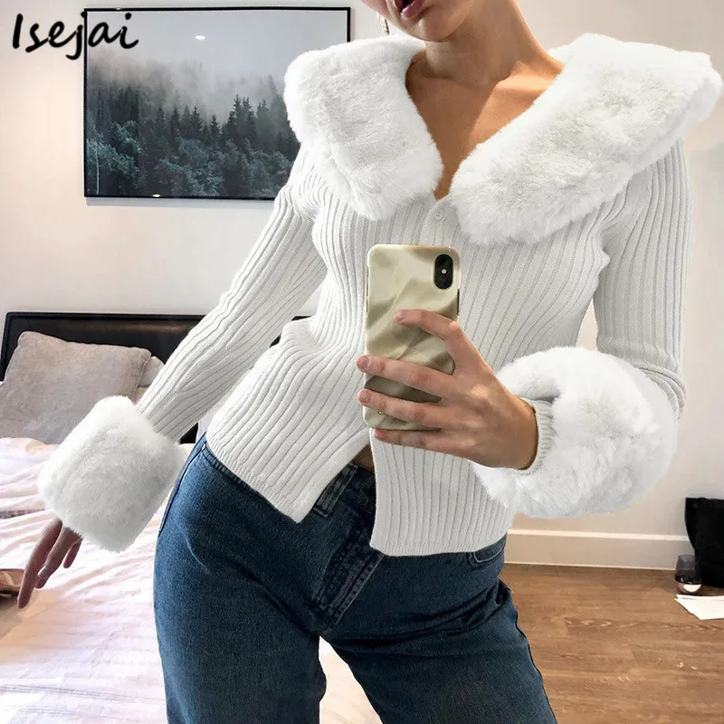 

Женский трикотажный кардиган с меховым воротником и длинным рукавом