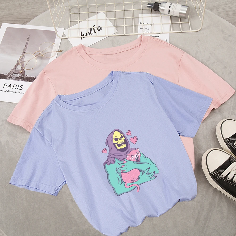 Cute Skull Cat T-Shirt Unisex Aesthetic Grunge Black Tee Gothic Clothing Witch Shirt Womens Short Sleeve Harajuku Chic T Shirts | Женская