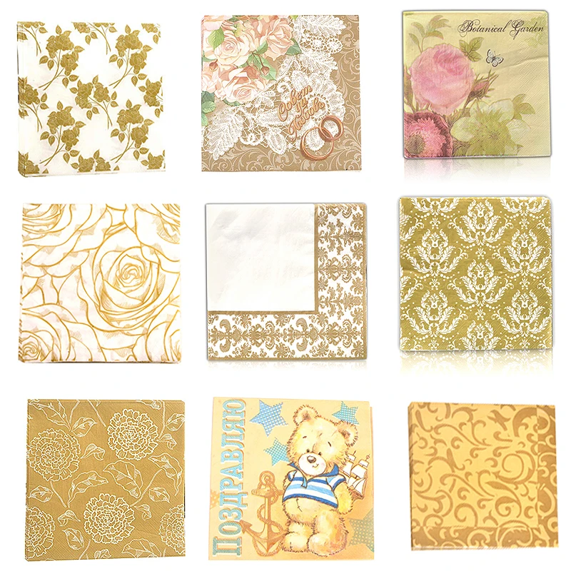 

33*33cm 20pcs/lot Gold Series Napkin Printed Paper Decoupage Servilletas Paper Napkins Elegant Tissue Wedding Party Home Decor