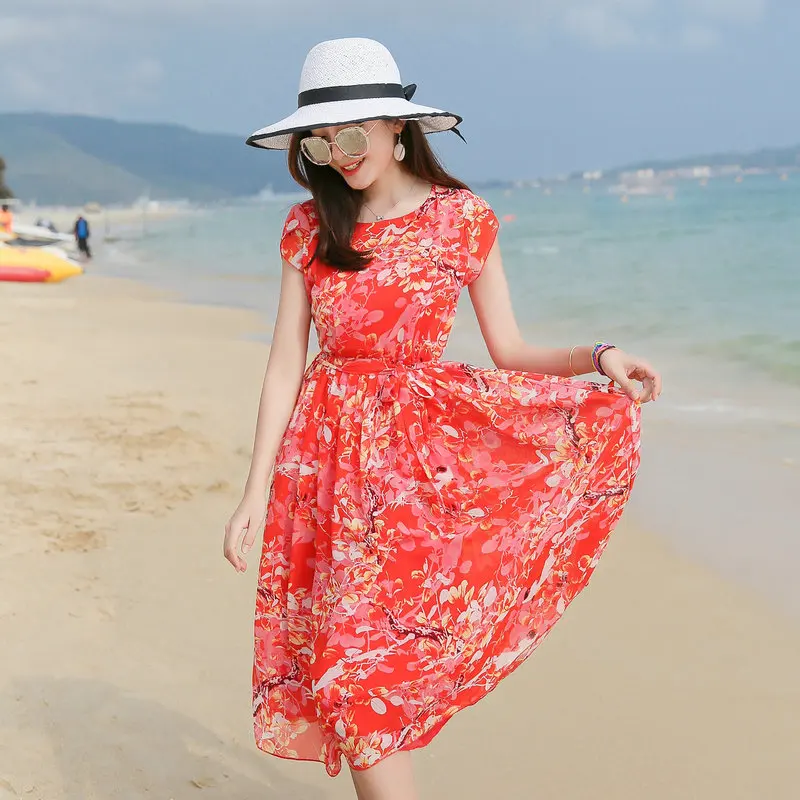 

Women Summer Red Green Floral Chiffon Flare Empire Dresses Cap Sleeve Lace Up Waist Calf Length One Piece Holiday Beach Robe New