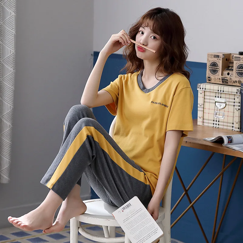 New Summer Pajamas Women's Cotton Round Neck Pullover Short Sleeve Trousers Nightwear Home Wear Suit Sleepwear Cotton Pajama Set