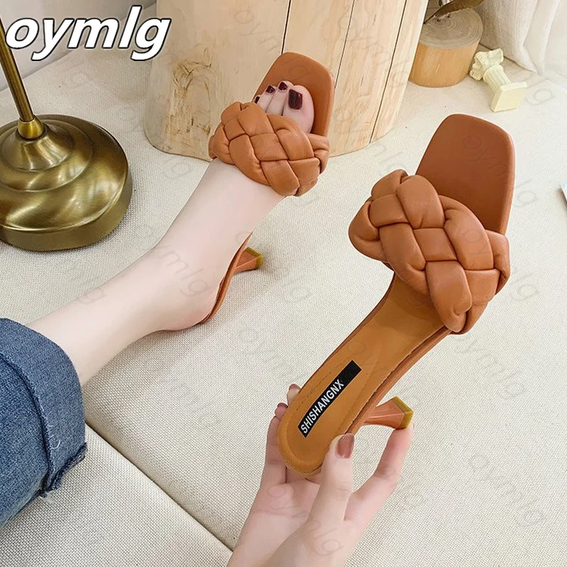 

Weave Designer Women Slipper Ladies Thin High Heel Sandal 2021 New Summer Slip-On Open Toe Brown Outdoor Slides Flip Flop Shoe
