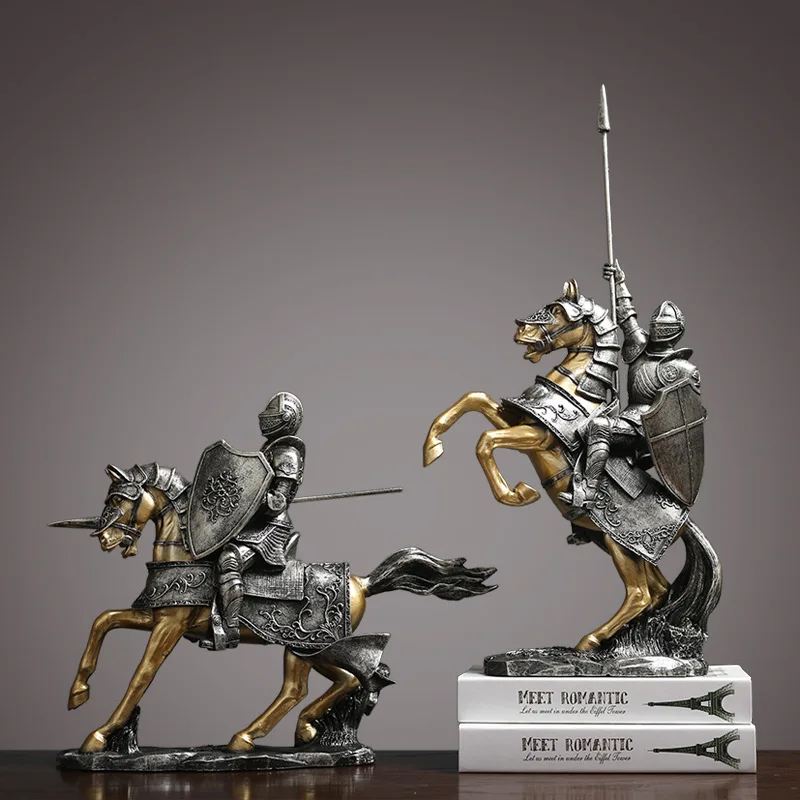 

European Armor Knight Riding a Horse Model Statue Home Decoration Living Room Wine Cabinet Decor Sculpture Modern Art Crafts