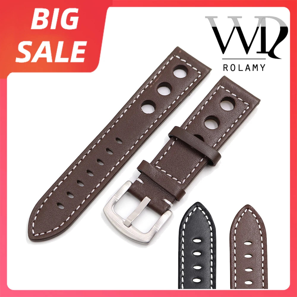 

Rolamy 22mm TOP Luxury Real Calf Leather Brown with White Wrist Watch Band Strap Clasp For Tissot Breilting IWC Seiko Tudor