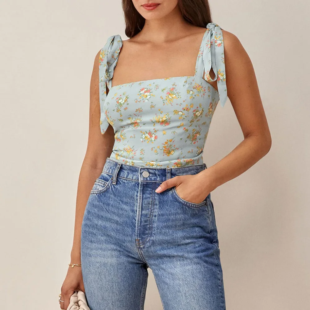 

Beach Vacation Floral Print Summer Tops Women 2021 Straight Neck Sleeveless Tie Strap Crop Top Back Smocked Fitted Sexy Cami Top