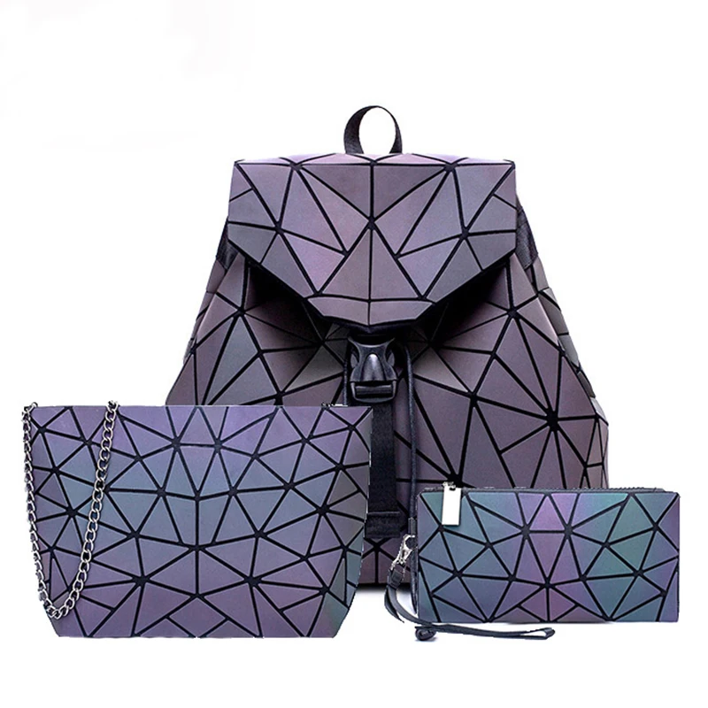 New Luminous Women Backpack 3 PCS Set Men Laptop Backpacks Student School Bags Holographic Purse Geometry Bagpack Bag Mochila | Багаж и