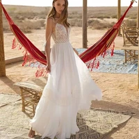 tulle lace v ncek beach wedding dresses floor length spaghetti straps backless bridal gowns a line female vestido de noiva