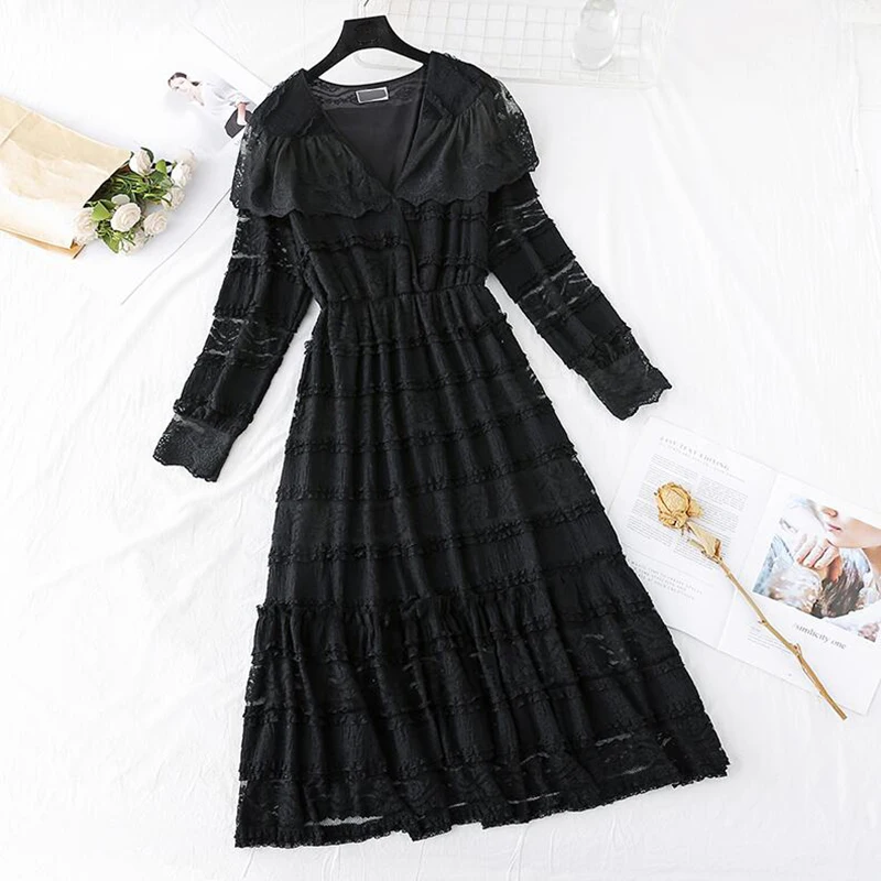 

Lace Dress Women Spring Vintage Solid V-neck Party Long Dress Elegant Long Sleeve Hollow out Ruffles Dresses Femme Vestidos