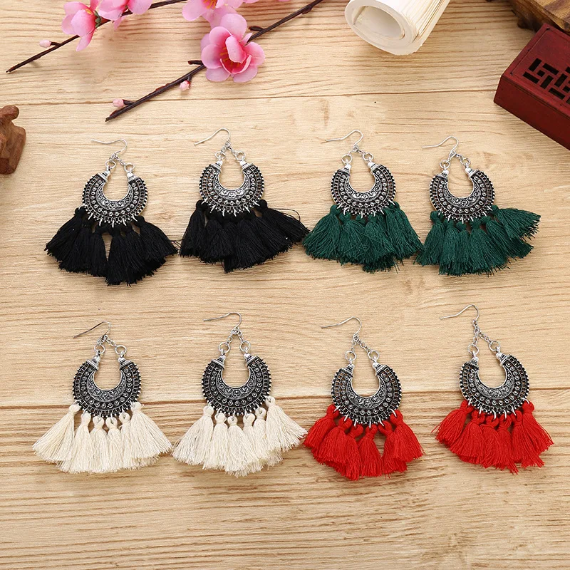 Стильные женские серьги с кисточками 9 см в богемном стиле круглые вечерние
