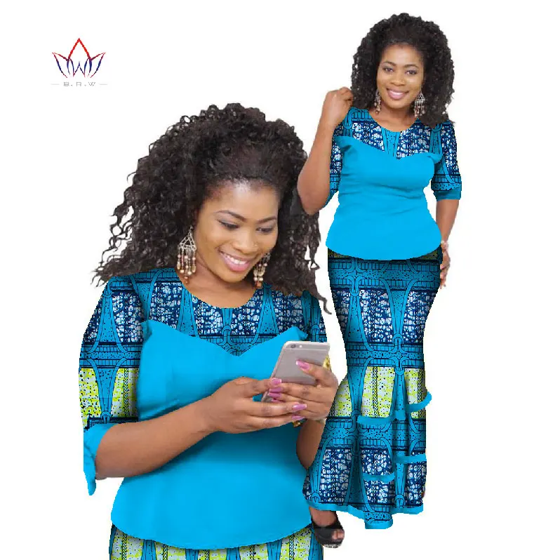 2020 Bazin Riche African Skirt Sets Wax Print Two Piece Set Africa Clothes for Women Traditional African Top And Skirt WY793