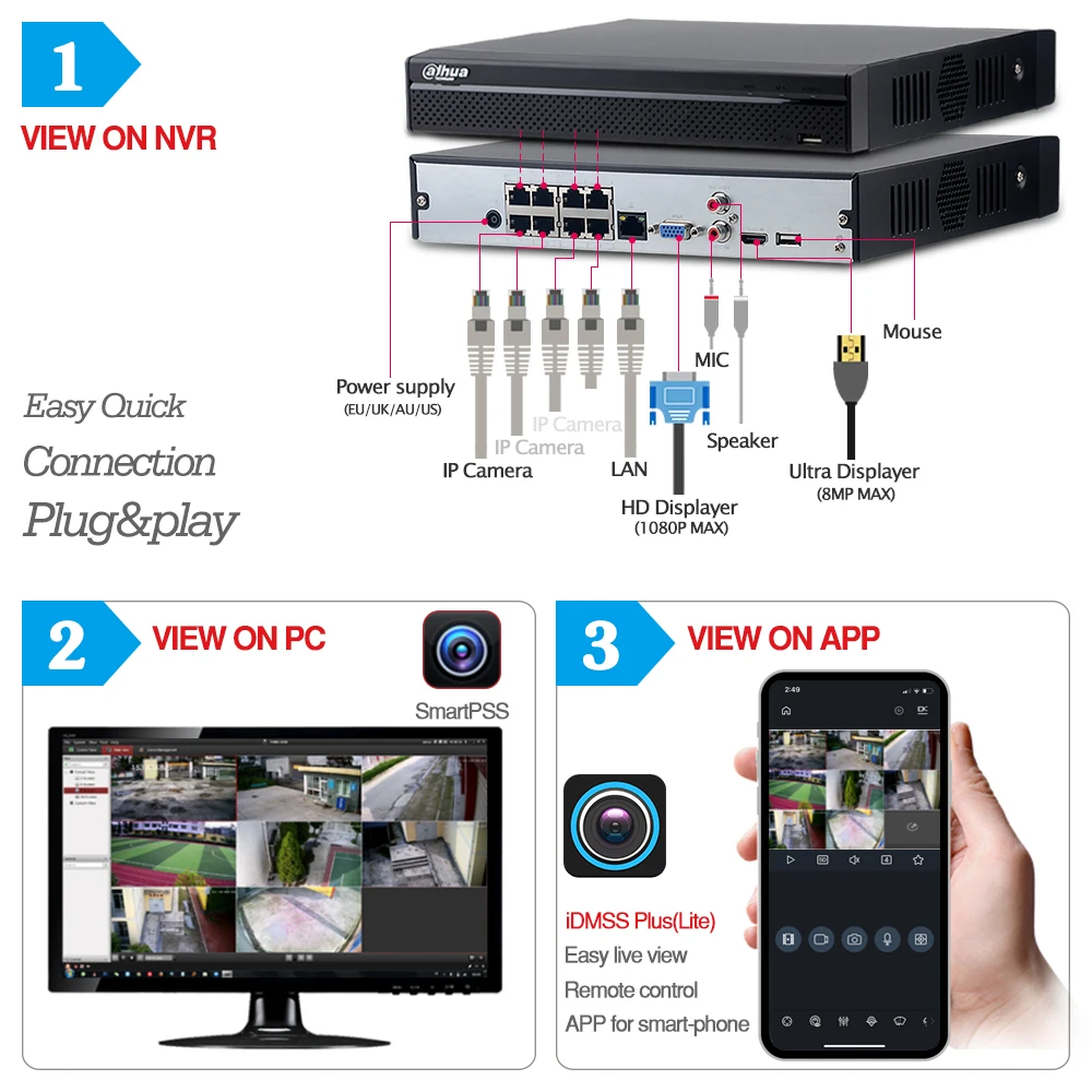Dahua 4 МП 8+ 4 NVR Камера видеонаблюдения Комплект NVR NVR2108HS-8P-4KS2 камера IPC-HFW4433M-I2 с кронштейном система наблюдения