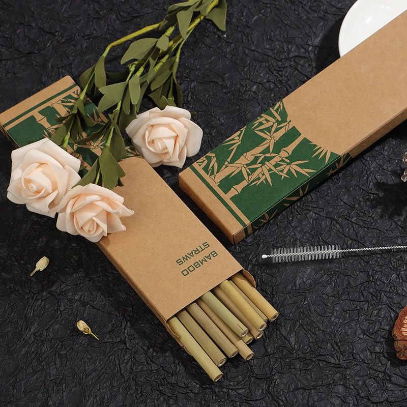 

10pcs/set Bamboo Drinking Straws Reusable Party Kitchen + Clean Brush Drop Shipping wholesale