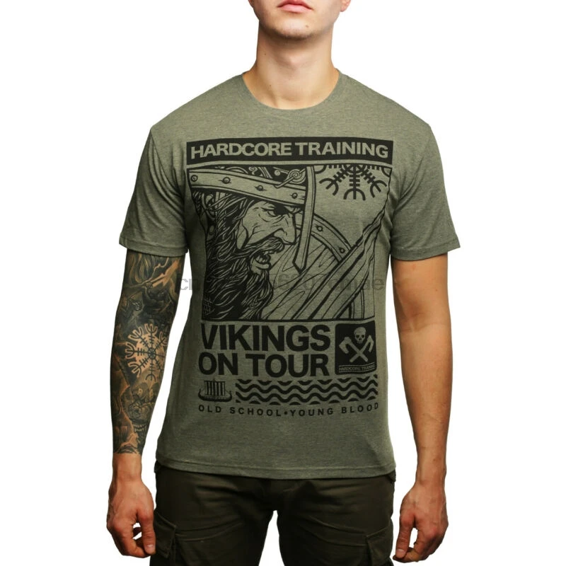 Футболка хардкор тренировка викингов на турне зеленый-мужской-Спорт BJJ фитнес