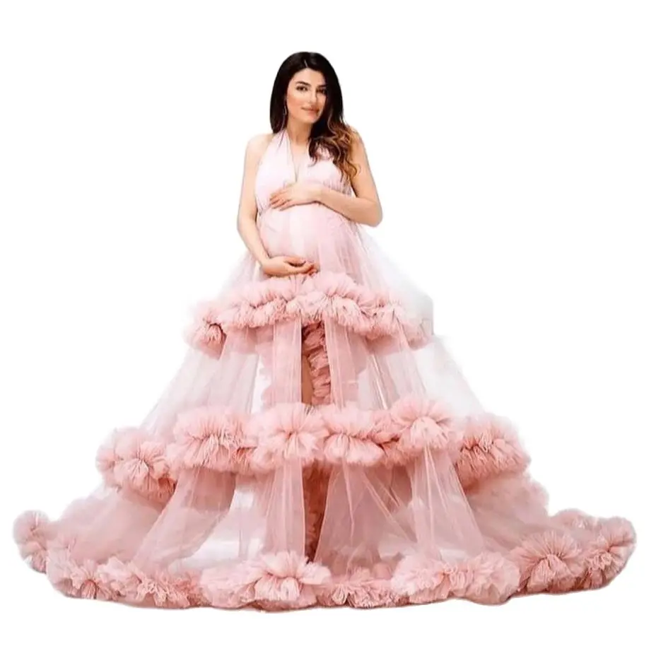 

Розовое платье для беременных для фотосессии роскошное шикарное кимоно с оборками одежда для сна для беременвечерние женский халат ночная ...