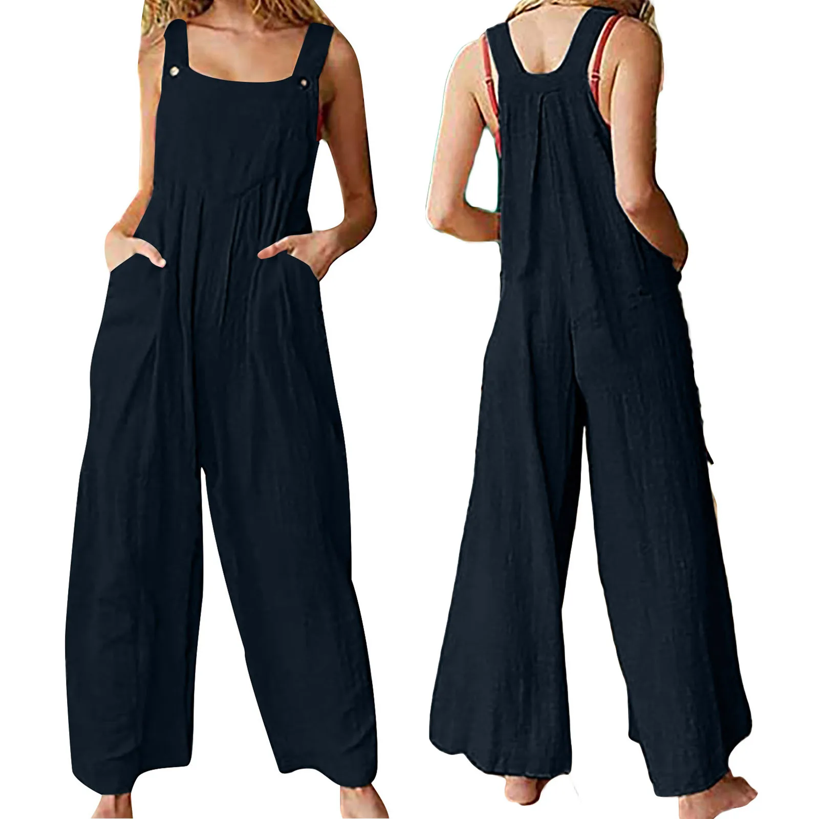 

New Arrival Stylish Women Sleeveless Overalls, Solid Color U-shaped Collar Loose Style, Dark Blue/ Dark Green/ Grey