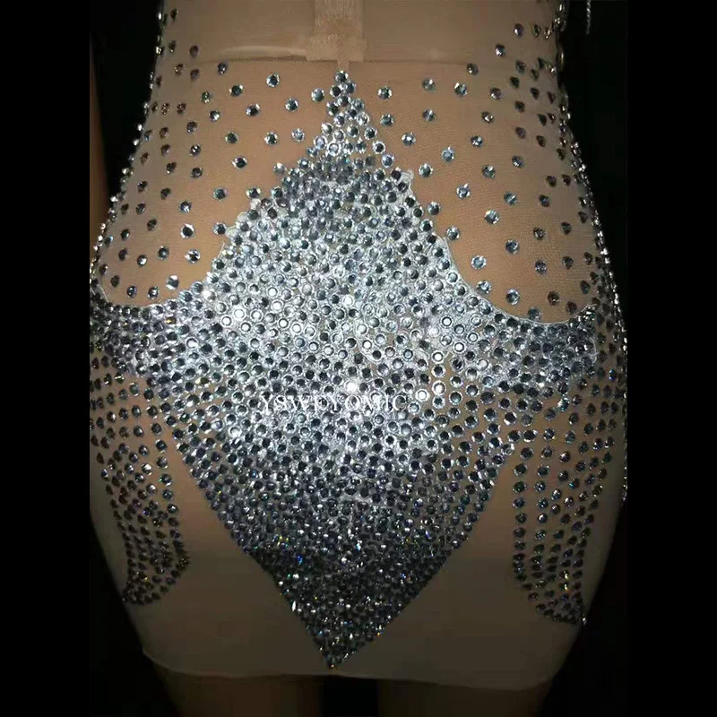 

Silver Shiny Rhinestones See through Mesh Dress Women's Birthday Celebrate Dress Bar Singer Show See Through Outfit Dress