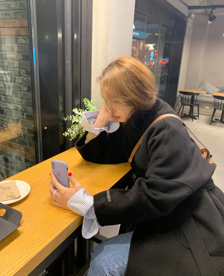 

2020 Autumn Winter Women High End Black Long Double Sided 100% Wool Coat Lacing Belt Loose Plus Size Handmade Woolen Overcoat