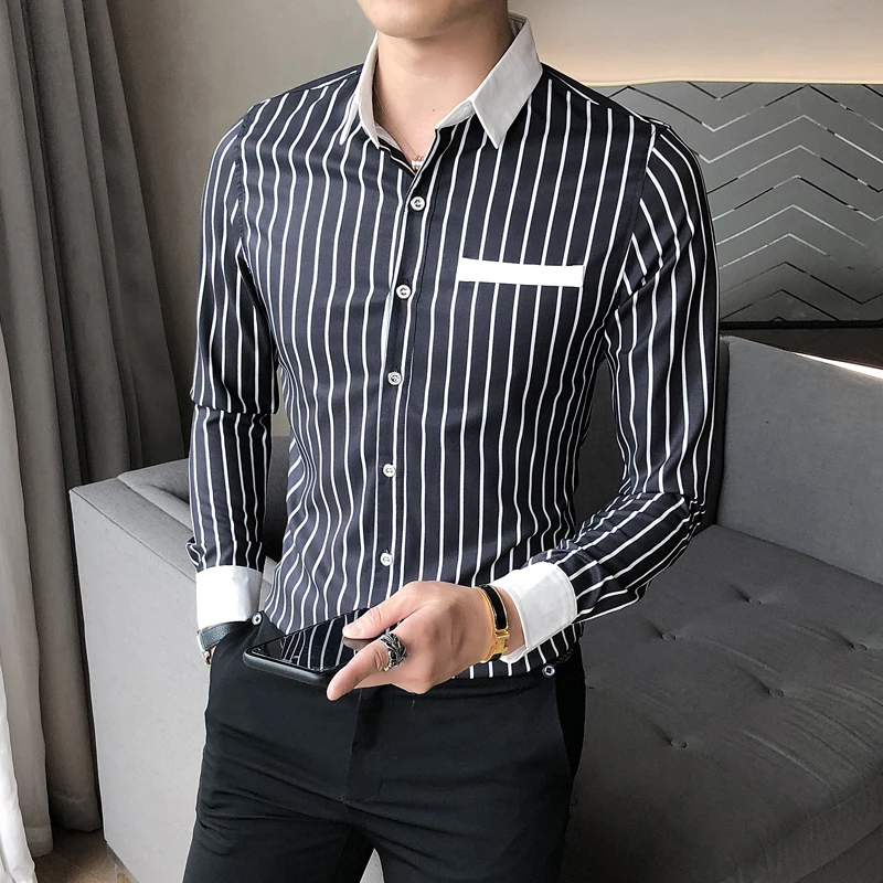 5XL M размера плюс мужские полосатые рубашки для мальчиков с длинным рукавом Мода