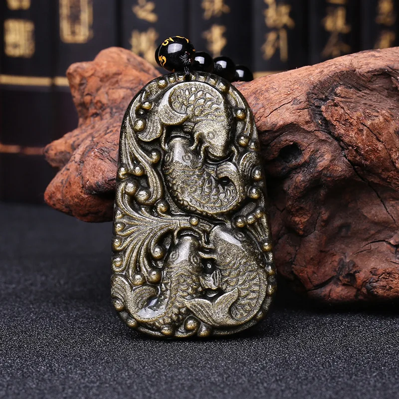 

Genuine Natural Obsidian Pendant Necklace For Men And Women With Fishes Engraved Gold Color Sweater Chain Colgante