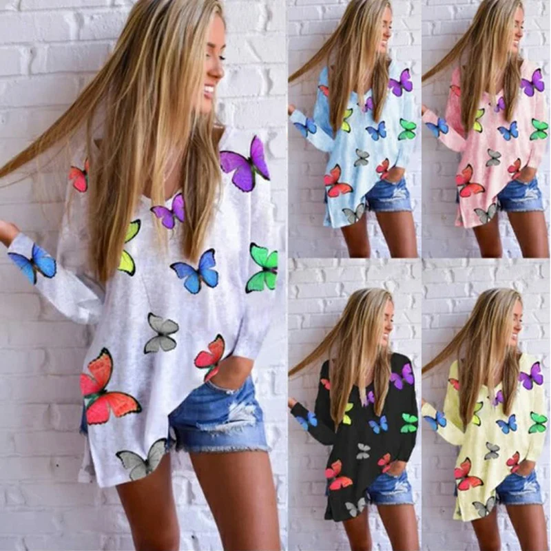 

Spring Fashion Butterfly Print Women T Shirt Long-Sleeved V-Neck Casual Loose And Comfortable Street Style 2021 Oversized