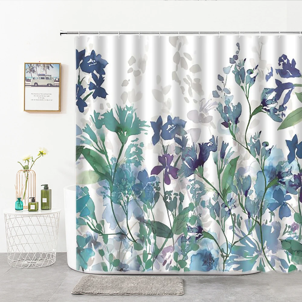 

3D Plant Flowers Shower Curtain Fabric Lotus Floral Leaves Bath Decor Curtain With Hook Bathroom Supplies Bathtub Screen