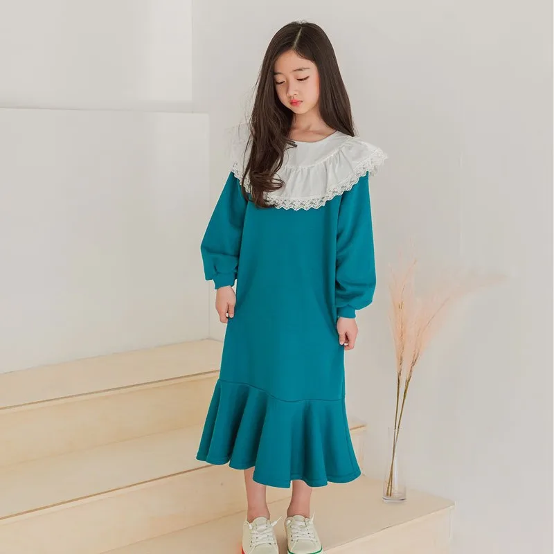 

Длинное платье принцессы в Корейском стиле для девочек, весна 2021, элегантная повседневная детская одежда с кружевным воротником, #9419